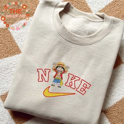 nike x luffy best unisex embroidered sweatshirt, one piece anime embroidered sweatshirt, manga embroidered crewneck, ani