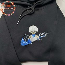 nike x killua embroidered sweatshirt, hunter x hunter anime embroidered sweatshirt, anime embroidered crewneck, best ani