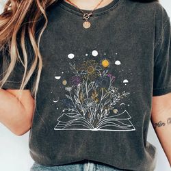 book and wildflowers moon phase minimalist shirt, mystical celestial tee, book a