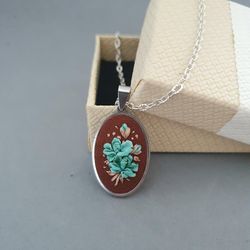 Ribbon embroidered brown pendant with turquoise flower for her,  4th wedding anniversary gift, custom embroidery bouquet
