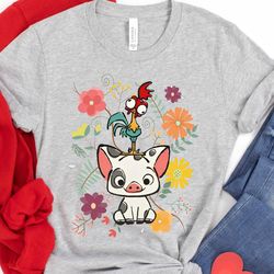 disney moana 70s style floral pua and hei hei shirt, disney moana movie tee, dis