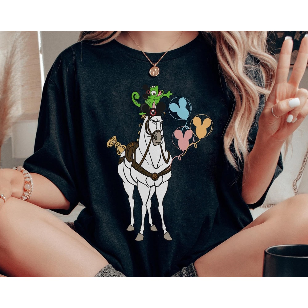 Pascal And Maximus Wear Mouse Ears With Mickey Balloon Shirt Tangled Disney T-shirt Walt Disney World Disneyland Trip Outfits - 1.jpg