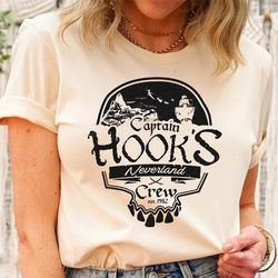 retro captain hook neverland crew shirt, peter pan villains skull disney tee, pi