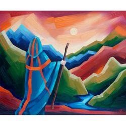Wanderer  Painting Traveler Original Art Mountain Artwork Landscape Oil Canvas 20 by 24 inches