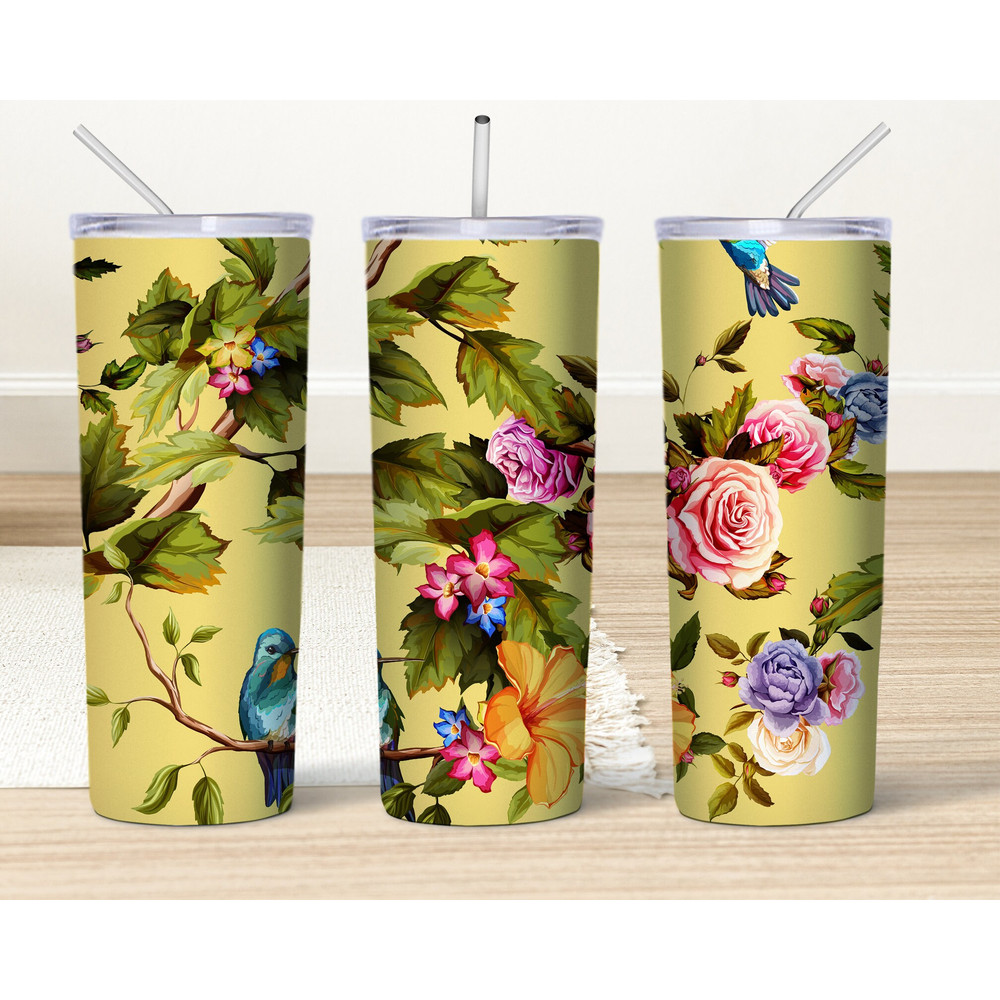 Colorful Flower Tumbler Png, Flower Bird Mug, Trendy Flower 20oz Tumbler Wrap, Garden Cup , Blue Humming Bird Sumblimation Digital Download.jpg