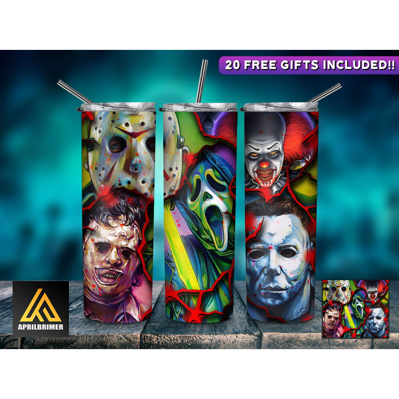 Horror Character 20 Oz Skinny Tumbler StraightTapered Wrap Png Sublimation Design, Halloween Movie Tumbler PNG File Digital Download-6.jpg