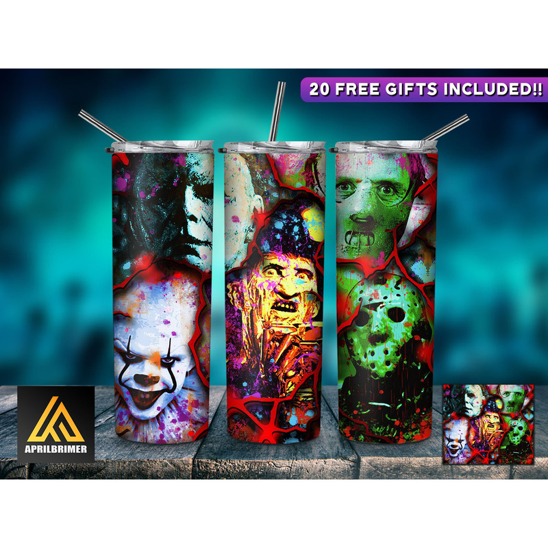 Horror Character 20 Oz Skinny Tumbler StraightTapered Wrap Png Sublimation Design, Halloween Movie Tumbler PNG File Digital Download-7.jpg