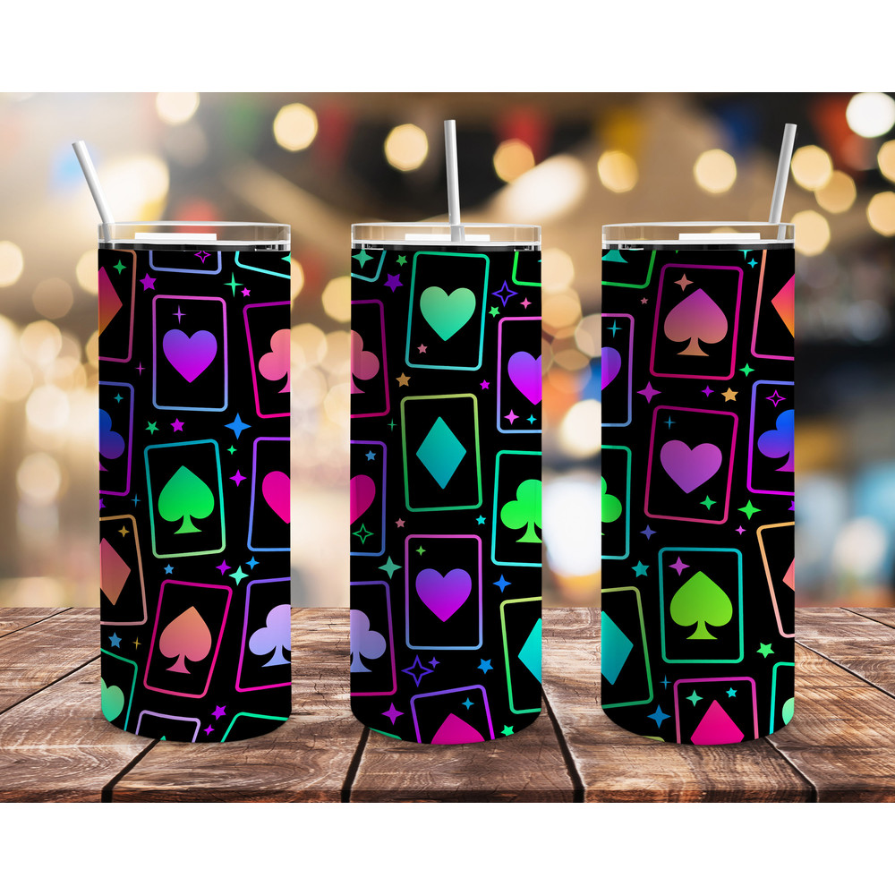 Neon Playing Cards Tumbler, Neon Playing Cards Skinny Tumbler.png