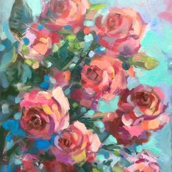 Flower Oil Painting Original 12X16 garden landscape Roses Art