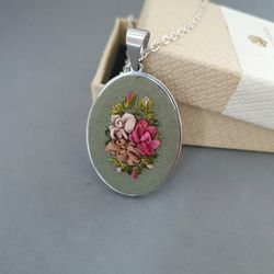 Ribbon embroidered green pendant for her,  4th wedding anniversary gift, custom embroidery bouquet