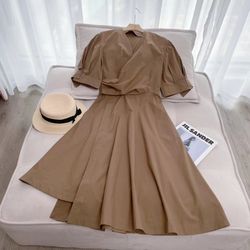 summer new retro temperament v-neck irregular mid-length dress for women