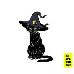 black cat with witch hat svg, black cat svg, cat svg, witch svg, halloween svg, ai digital file