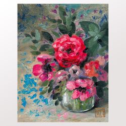 Original Small Oil Painting Bright flower bouquet