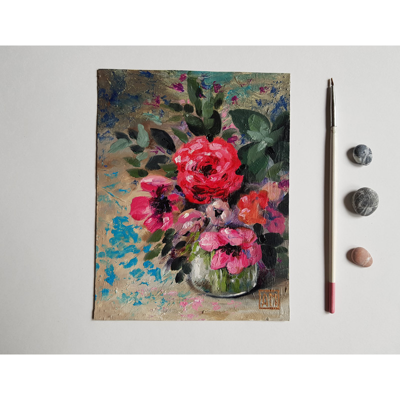 1 Small oil painting - Bright flower bouquet 5.7 - 7.3 in (14.5 - 18.7 cm)..jpg