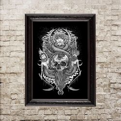 The Vanguard. Occult artwork decor. Gloomy wall hanging with skull. Death craft illustration. Unusual dark interior.863.