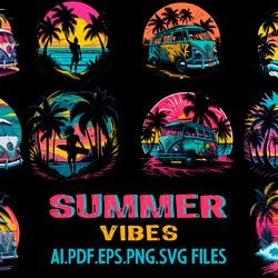 summer vibes woflwagen bus neon colors vector digital file ai,pdf,pdf,svg,png files sublimation digital vector file