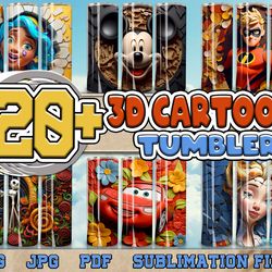 3d new styles of floral cartoon tumbler design bundle, cartoon character 20 oz skinny tumbler design, new style tumbler