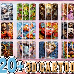 3d cartoon tumbler sublimation design bundle, all styles 3d movie character 20 oz tumbler design template png, digital d