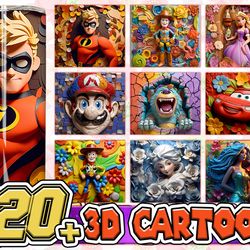 3d all styles cartoon 20oz skinny tumbler bundle design, 3d floral movie tumbler bundle, cartoon tumbler design png,inst