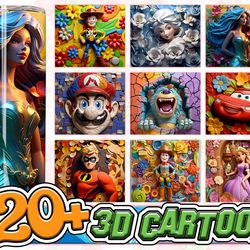 3d all styles cartoon 20oz skinny tumbler bundle design, 3d floral movie tumbler bundle, cartoon tumbler design png,inst
