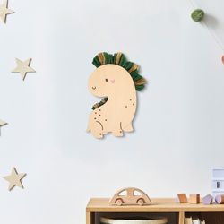 Wooden dinosaur nursery decor Raffia neutral boho Dino wall hanging Cute childs art Baby room First birthday Nature wood