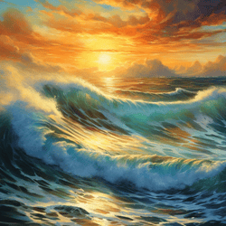 Golden Hour Serenity: A Romantic Seascape Oil Painting Bathed in the Glow of a Setting Sun
