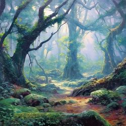 Dawn's Enchantment: A Magical Dance of Fairies in an Ancient Forest Oil Painting