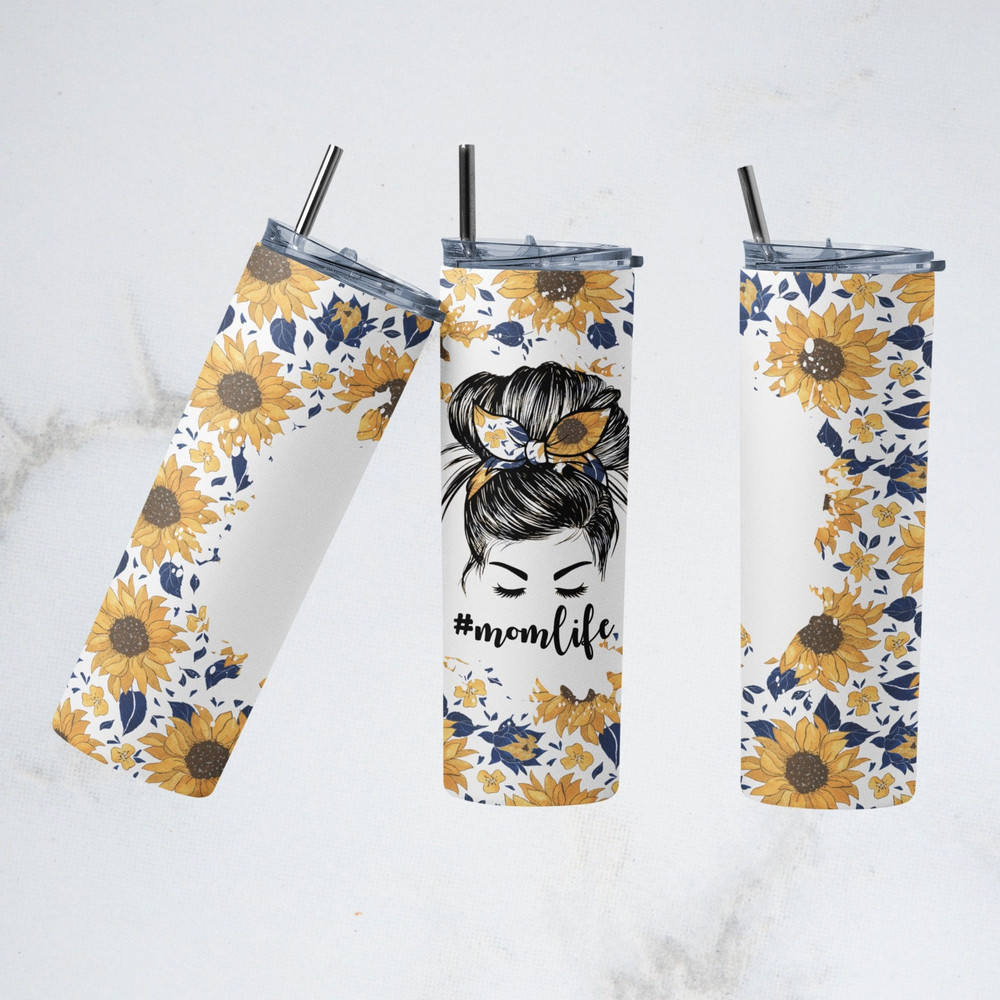 Mom Life Tumbler, Mom Bun Hair Skinny Tumbler, Floral Mom Tumbler, Mom Blossoming Style Tumbler.png