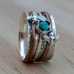 Honey Bee Fidget Spinner Women Ring, Turquoise & Sterling Silver Handmade Unique Jewelry, Antique Gift For Her