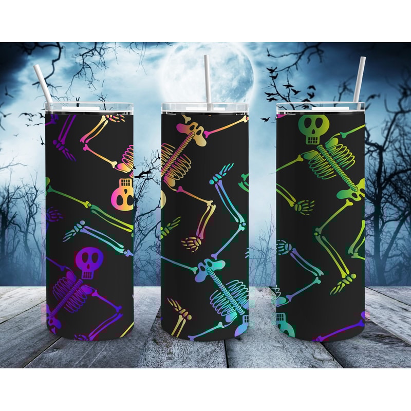 Multicolored Halloween Skeletons Straight Tumbler, Seamless Design, Halloween Skinny Tumbler.jpg