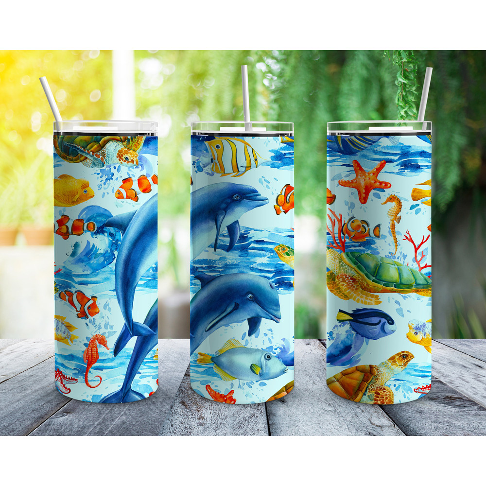 Ocean Dolphins Straight Tumbler, Seamless Design, Seamless Skinny Tumbler.jpg