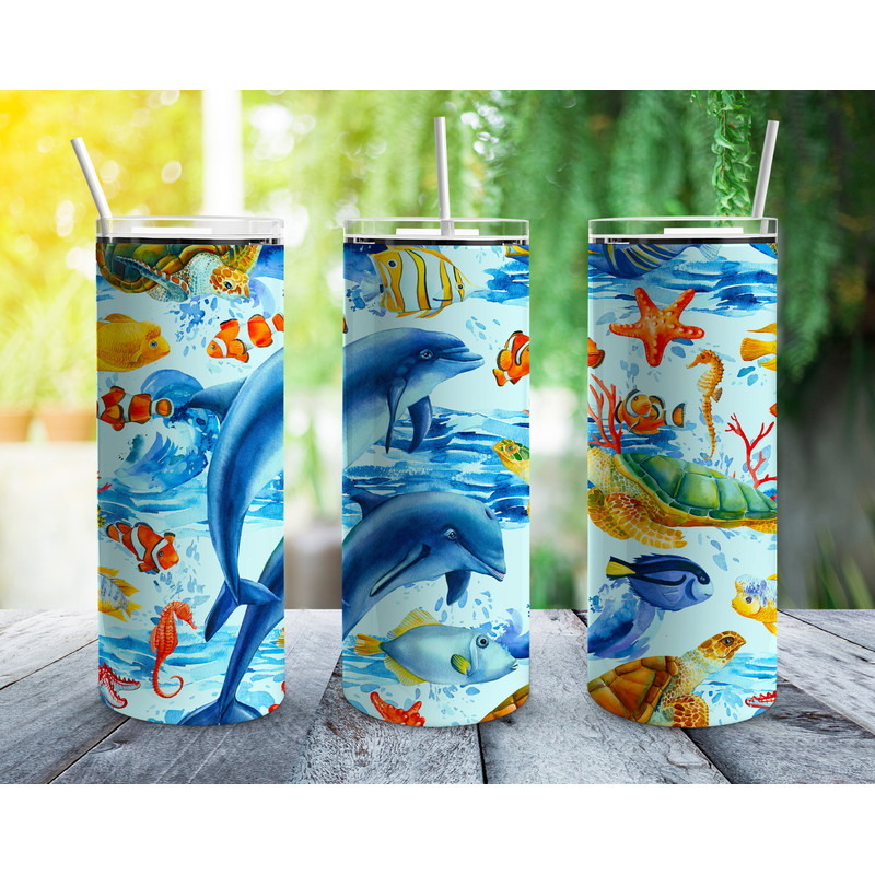Ocean Dolphins Straight Tumbler, Seamless Design, Seamless Skinny Tumbler.jpg