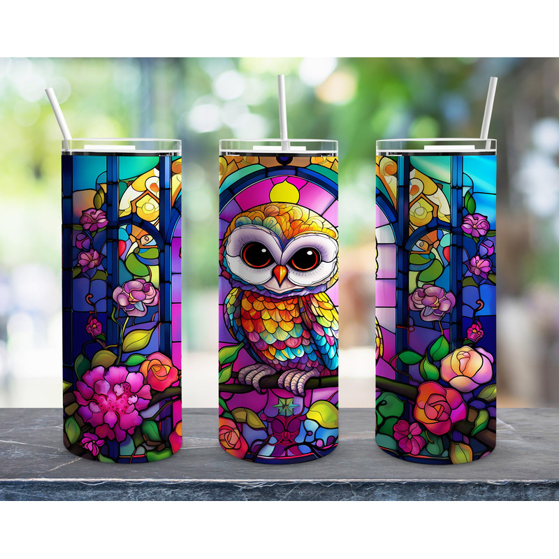 Owl Tumbler Stained Glass Straight, Seamless Design, Seamless Skinny Tumbler.jpg