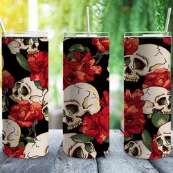 red roses skulls straight tumbler, seamless design, seamless skinny tumbler
