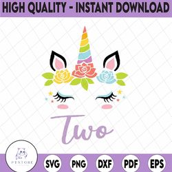 2nd birthday svg, unicorn birthday svg, two years old cut file, unicorn party svg, 2nd birthday girl svg, second