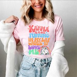 karma is a cat taylor swift midnights t-shirt, meet me at midnight, swiftie, karma is a cat purring in my lap cause it l