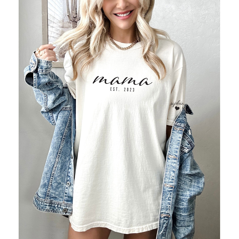 Custom Mama Shirt with Kid Name, Personalized Mom Shirt with Kids Names on Sleeve, Momma Tshirt, Mothers Day Gift for Her, New Mom Gift Est - 1.jpg