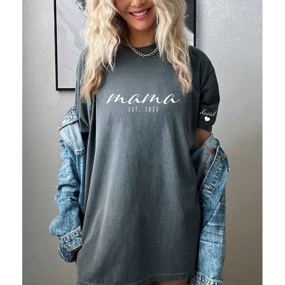 Custom Mama Shirt with Kid Name, Personalized Mom Shirt with Kids Names on Sleeve, Momma Tshirt, Mothers Day Gift for Her, New Mom Gift Est - 2.jpg