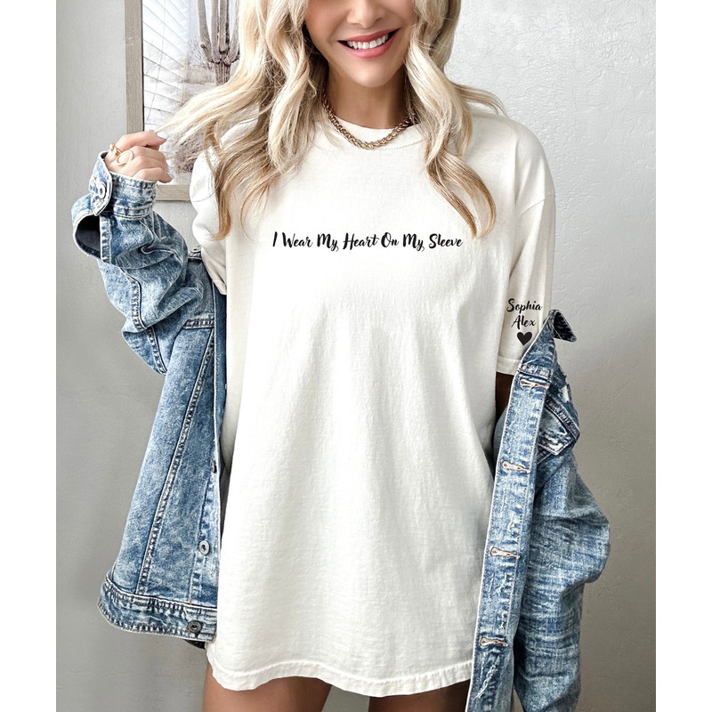 I Wear My Heart On My Sleeve Shirt, Mothers Day Shirt, Mama Shirt with Kids Name on Sleeve, Personalized Mother Day, Gift for Mom - 1.jpg