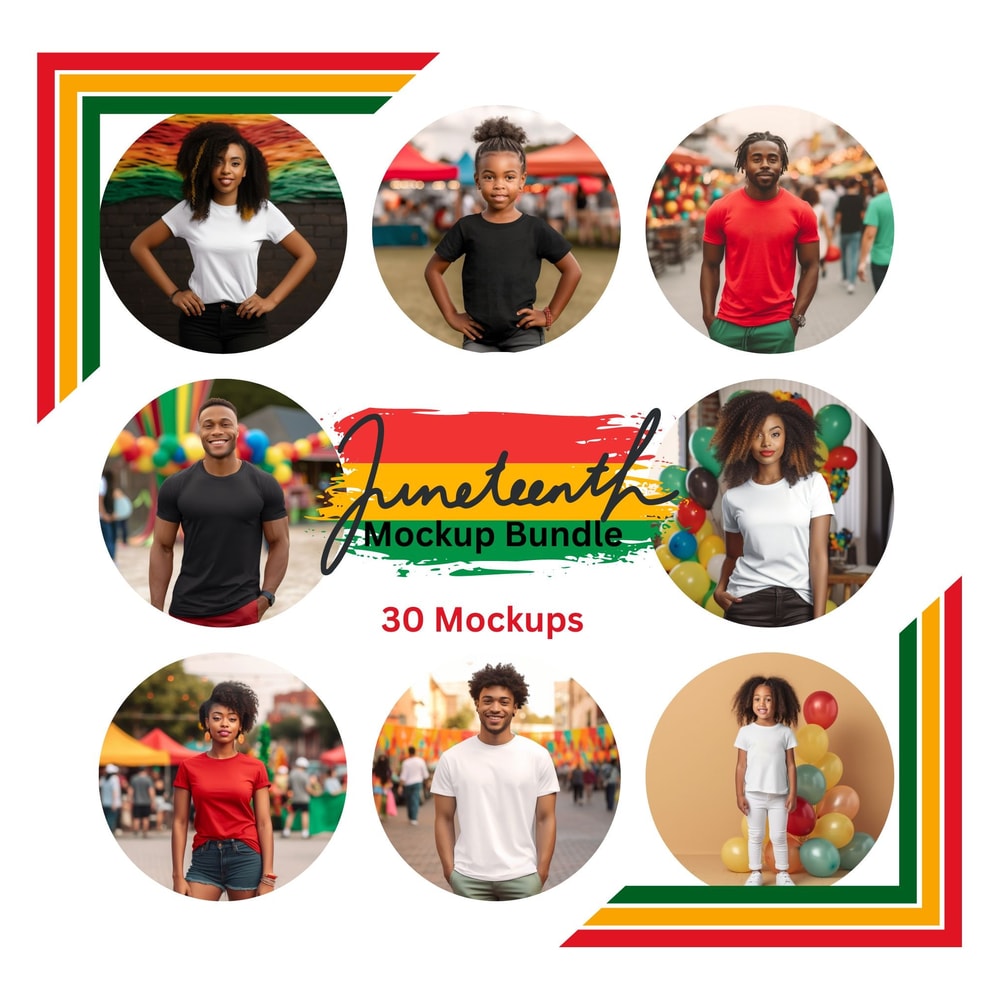 Juneteenth Mockup Bundle, 30 Men, Women, and Kids Tshirt Mockups, Summer Digital Shirt Mockup Bundle, Black, White, and Red Shirt Mockups - 1.jpg