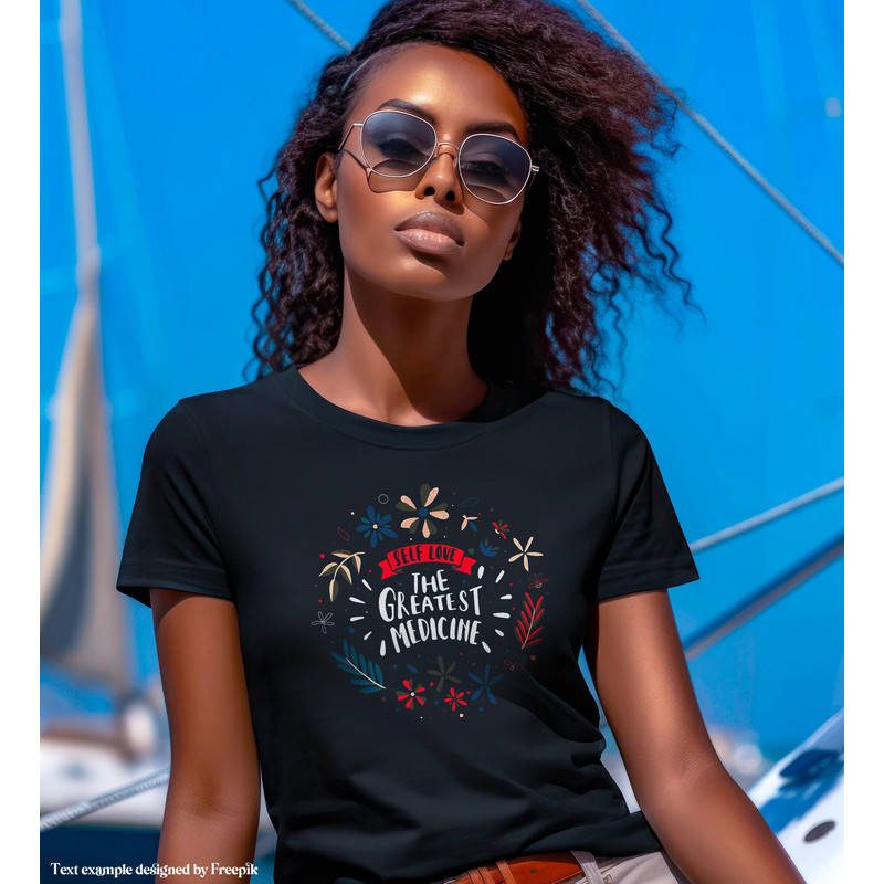 Mockup of a Woman wearing a Black Bella Canvas 3001 T-shirt, Female Model, Girl Styled Shirt Mockup, Nautical Tshirt w sailboat background - 3.jpg