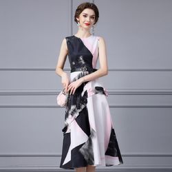 new fashion retro temperament print mosaic waist dress