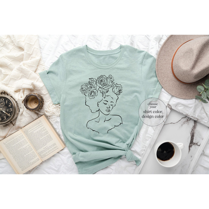 Floral Woman Shirt, Woman Line Art Shirt, Girl Silhouette Shirt, Rose Lover Shirt, Beautiful Black Woman Shirt, Rose Line Art Shirt - 1.jpg