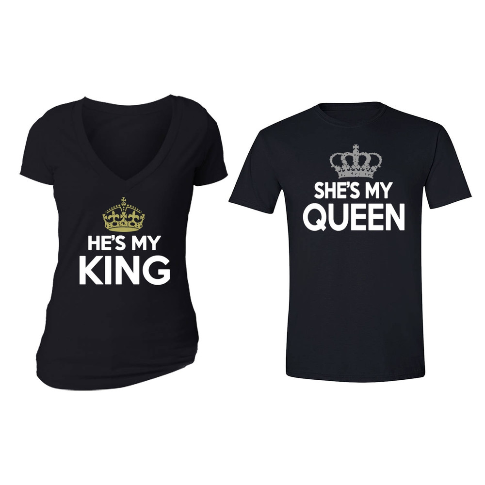 Free Shipping He's My King She's My Queen Silver Gold Crown Matching Couples Family Husband Wife Men Women Crewneck V-Neck T-shirt Black - 1.jpg
