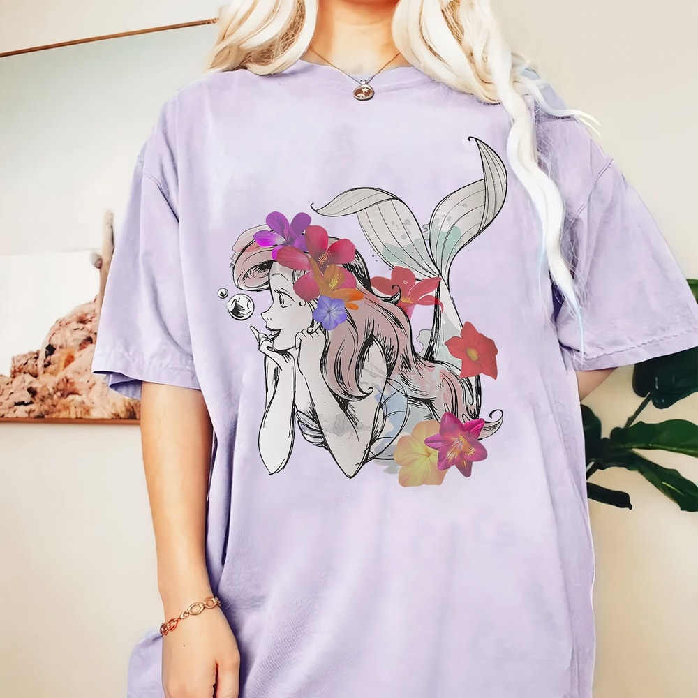 Vintage Disney The Little Mermaid Ariel Floral Watercolor Comfort Color Shirt, Little Mermaid Ariel T-Shirt, Retro Disney Princess Tee - 2.jpg