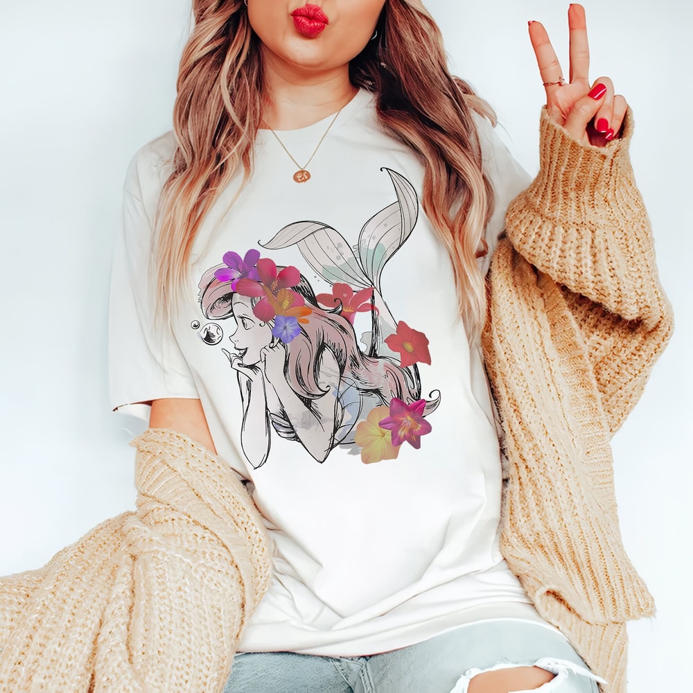 Vintage Disney The Little Mermaid Ariel Floral Watercolor Comfort Color Shirt, Little Mermaid Ariel T-Shirt, Retro Disney Princess Tee - 4.jpg