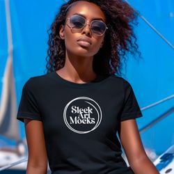 mockup of a woman wearing a black bella canvas 3001 t-shirt, female model, girl styled shirt mockup, nautical tshirt w/