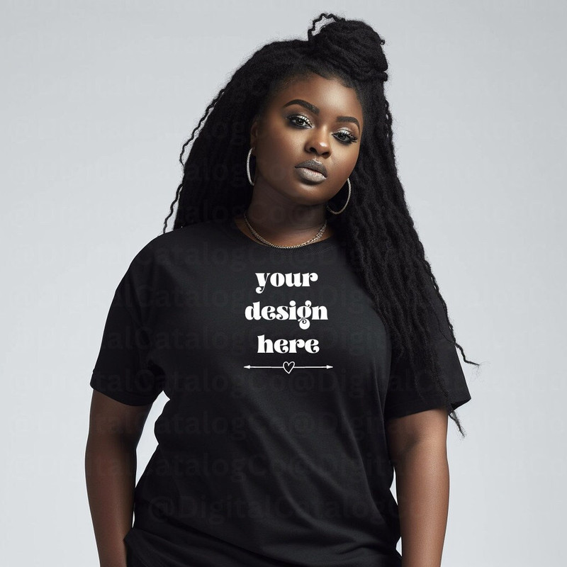 Plus Size Black Model Mockup ll Black Tee Mockup ll Black T-Shirt ll African American Model ll Bella Canvas 3001 ll DIGITAL DOWNLOAD - 1.jpg