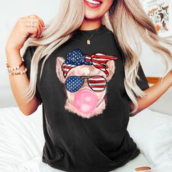 retro comfort patriotic pig shirt, bubble gum 4th