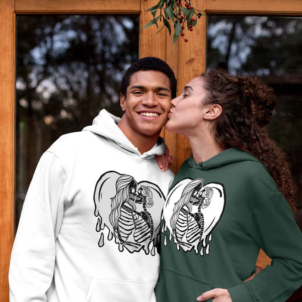 Aesthetic Skeleton Lesbian Couple Sweatshirt, Queer Love Apparel,Lesbian Bridal Party Outfit,Cute Gay Valentine Gift,Hugging Skeletons Shirt - 3.jpg